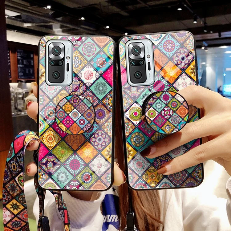 Colorful Flower Printing Design Glass Hybrid Phone Case Protector with Lanyard for Xiaomi Redmi Note 10 Pro - Color Pattern