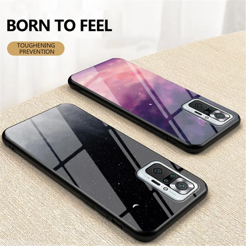 Anti-Scratch Starry Sky Pattern Tempered Glass Hybrid Cell Phone Back Case for Xiaomi Redmi Note 10 Pro - Black Starry