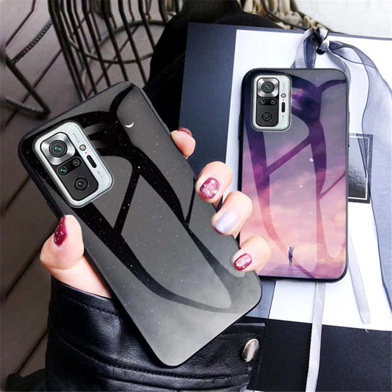 Anti-Scratch Starry Sky Pattern Tempered Glass Hybrid Cell Phone Back Case for Xiaomi Redmi Note 10 Pro - Black Starry