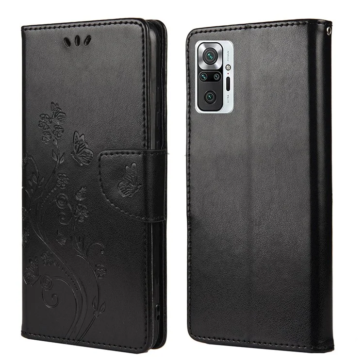 Imprinted Butterflies Flower Leather Wallet Stand Case for Xiaomi Redmi Note 10 Pro - Black