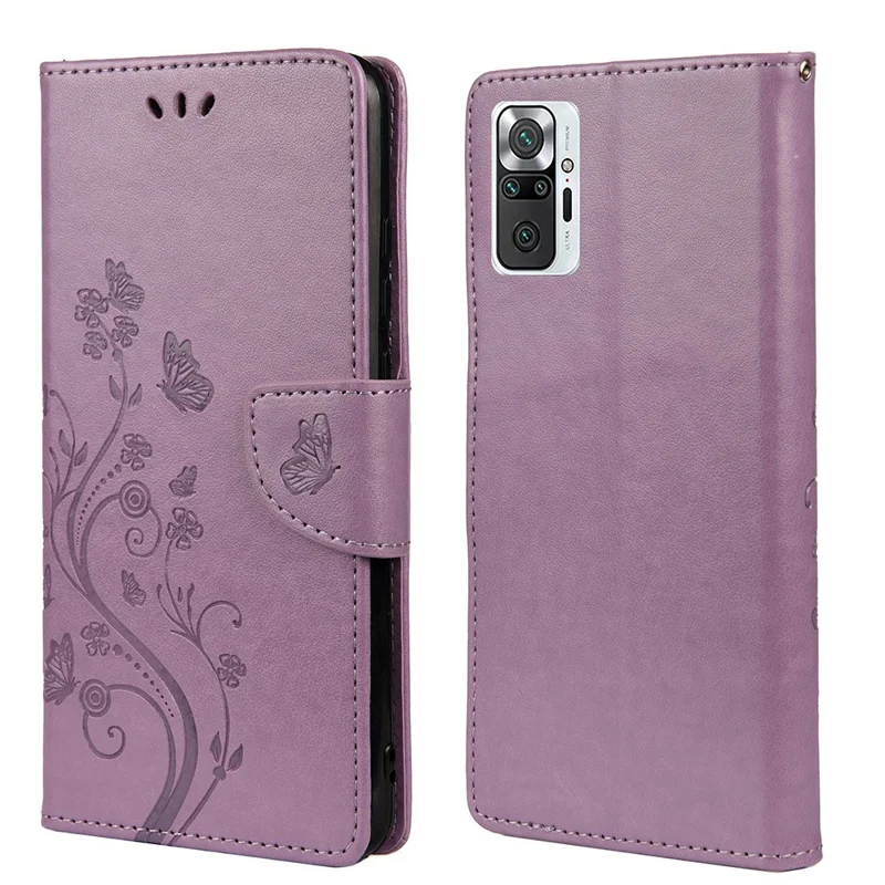 Imprinted Butterflies Flower Leather Wallet Stand Case for Xiaomi Redmi Note 10 Pro - Light Purple