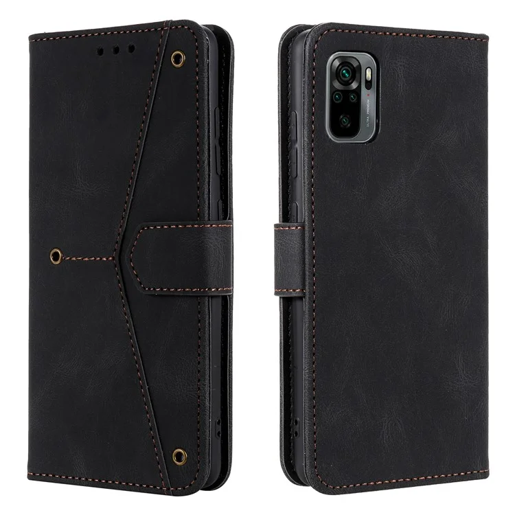 Nietdekoration Hautgefütterung Spleiß Leder Brieftasche Phone Schutzabdeckung Für Xiaomi Redmi Note 10 5G/Poco M3 Pro 5G/4G - Schwarz