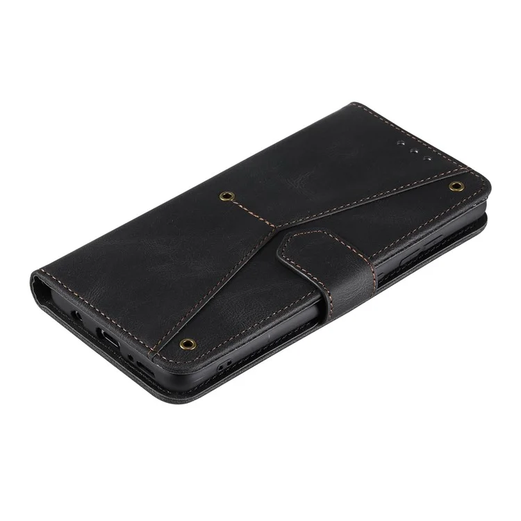 Nietdekoration Hautgefütterung Spleiß Leder Brieftasche Phone Schutzabdeckung Für Xiaomi Redmi Note 10 5G/Poco M3 Pro 5G/4G - Schwarz