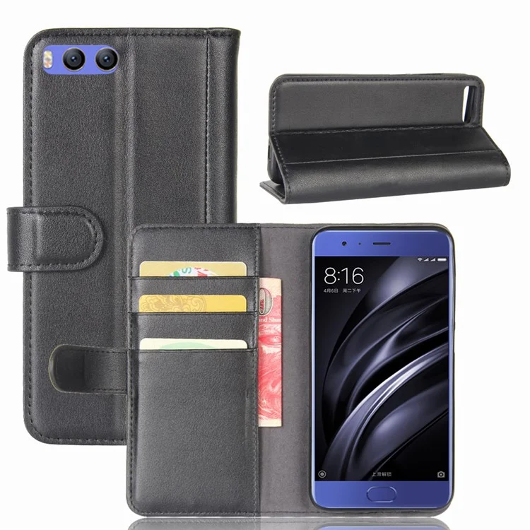 Genuine Split Leather Wallet Cellphone Case with Stand for Xiaomi Mi 6 - Black