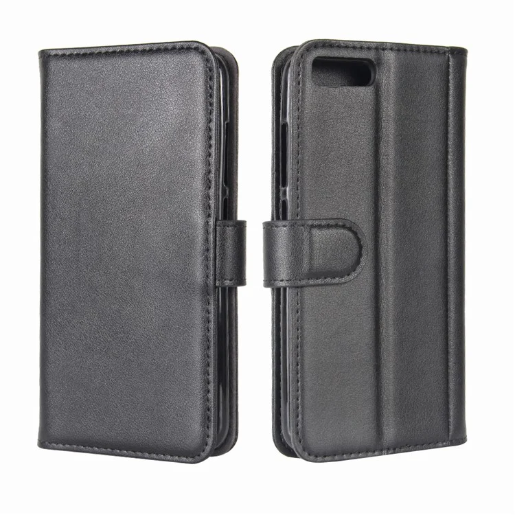 Genuine Split Leather Wallet Cellphone Case with Stand for Xiaomi Mi 6 - Black