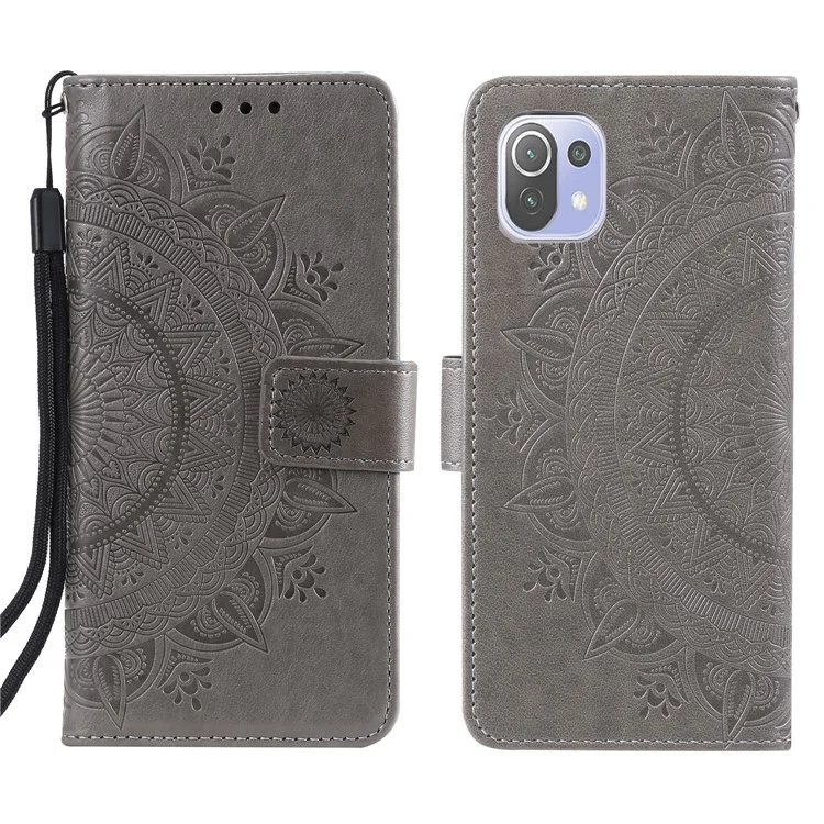 Imprint Flower Leather Wallet Stand Case for Xiaomi Mi 11 Lite 4G / 5G / 11 Lite 5G NE - Grey