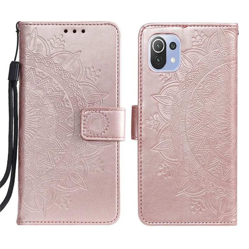 Imprint Flower Leather Wallet Stand Case for Xiaomi Mi 11 Lite 4G / 5G / 11 Lite 5G NE - Rose Gold