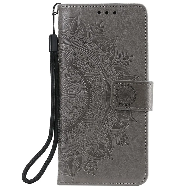 Imprinted Mandala Flower Wallet Leather Case with Strap for Xiaomi Redmi Note 10 5G/Poco M3 Pro 5G/4G - Grey