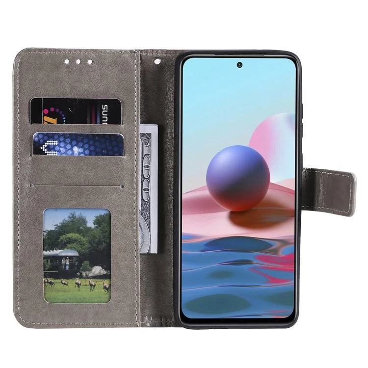 Imprinted Mandala Flower Wallet Leather Case with Strap for Xiaomi Redmi Note 10 5G/Poco M3 Pro 5G/4G - Grey