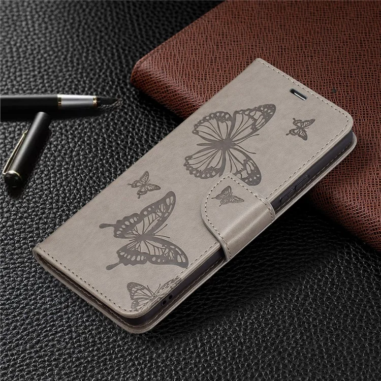 Imprint Butterfly Leather Wallet Case for Xiaomi Redmi Note 10 Pro Max/Redmi Note 10 Pro - Grey