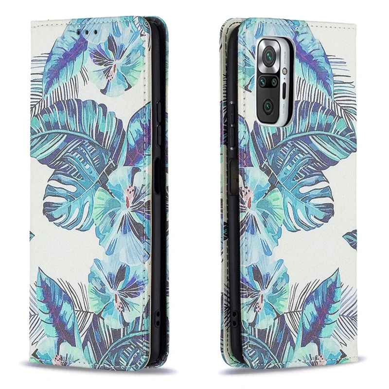 Wallet Design Stylish Pattern Printing Auto-absorbed PU Leather Case with Stand for Xiaomi Redmi Note 10 Pro 4G (India)/(Global)/Note 10 Pro Max - Blue Leaves