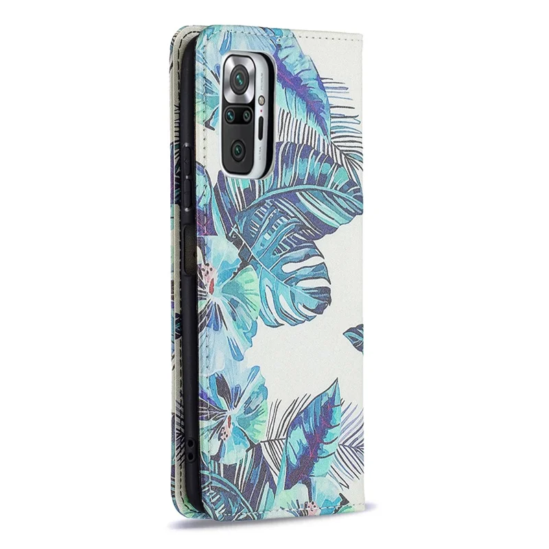 Wallet Design Stylish Pattern Printing Auto-absorbed PU Leather Case with Stand for Xiaomi Redmi Note 10 Pro 4G (India)/(Global)/Note 10 Pro Max - Blue Leaves