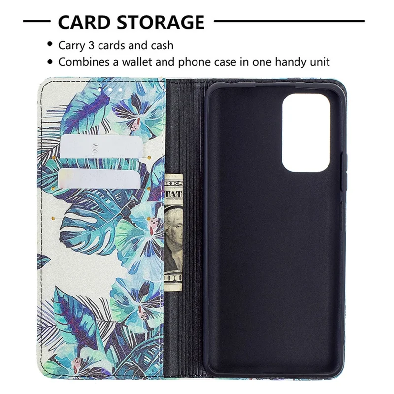 Wallet Design Stylish Pattern Printing Auto-absorbed PU Leather Case with Stand for Xiaomi Redmi Note 10 Pro 4G (India)/(Global)/Note 10 Pro Max - Blue Leaves