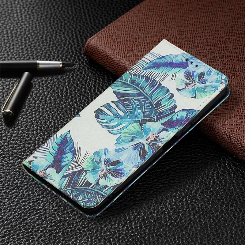 Wallet Design Stylish Pattern Printing Auto-absorbed PU Leather Case with Stand for Xiaomi Redmi Note 10 Pro 4G (India)/(Global)/Note 10 Pro Max - Blue Leaves