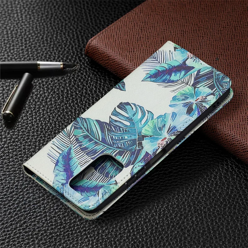 Wallet Design Stylish Pattern Printing Auto-absorbed PU Leather Case with Stand for Xiaomi Redmi Note 10 Pro 4G (India)/(Global)/Note 10 Pro Max - Blue Leaves
