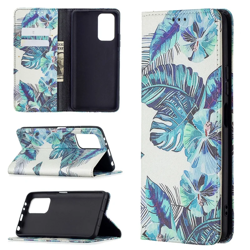 Wallet Design Stylish Pattern Printing Auto-absorbed PU Leather Case with Stand for Xiaomi Redmi Note 10 Pro 4G (India)/(Global)/Note 10 Pro Max - Blue Leaves