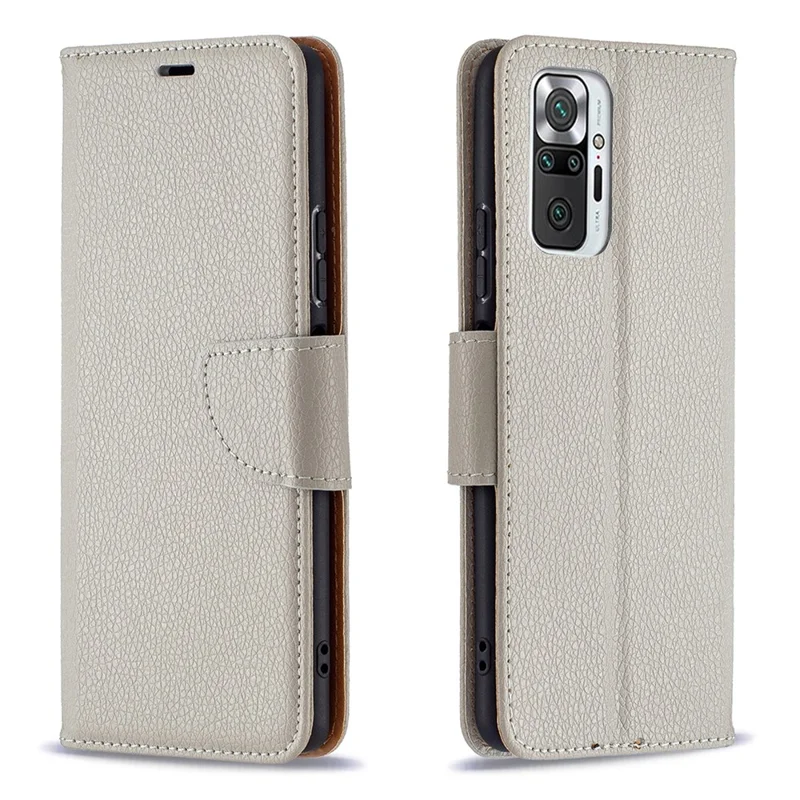 Litchi Grain Leather Cellphone Case with Wallet Stand for Xiaomi Redmi Note 10 Pro Max / Redmi Note 10 Pro - Grey