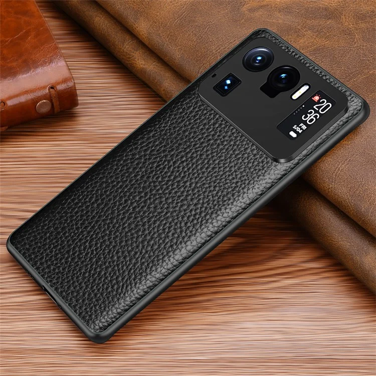 Well-Protected Litchi Texture Genuine Leather Coated TPU Protector Phone Cover for Xiaomi Mi 11 Ultra - Black