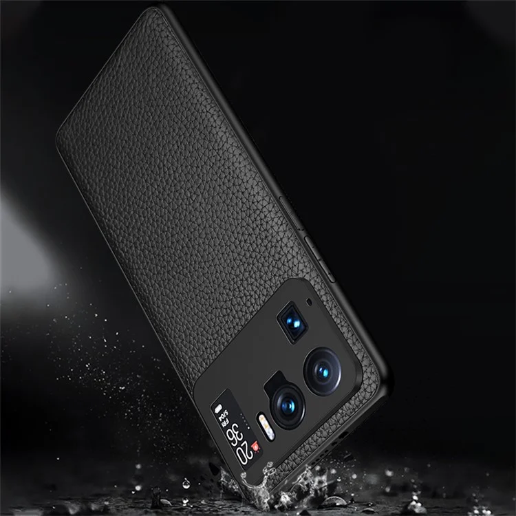 Well-Protected Litchi Texture Genuine Leather Coated TPU Protector Phone Cover for Xiaomi Mi 11 Ultra - Black