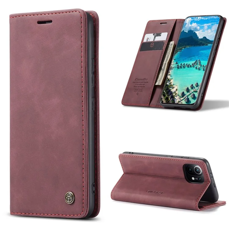 CASEME 013 Series Auto-absorbed Leather Wallet Stand Case Shell for Xiaomi Mi 11 - Red