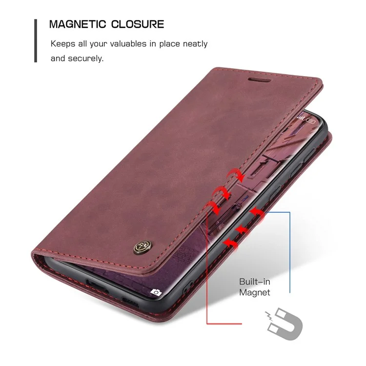 CASEME 013 Series Auto-absorbed Leather Wallet Stand Case Shell for Xiaomi Mi 11 - Red