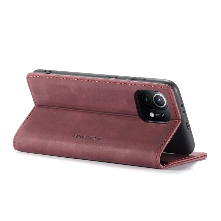 CASEME 013 Series Auto-absorbed Leather Wallet Stand Case Shell for Xiaomi Mi 11 - Red