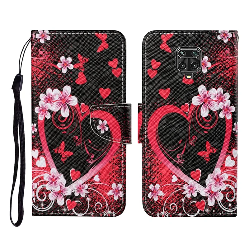 Pattern Printing PU Leather Full Protection Stand Phone Cover Case with Strap for Xiaomi Redmi Note 9 Pro - Heart