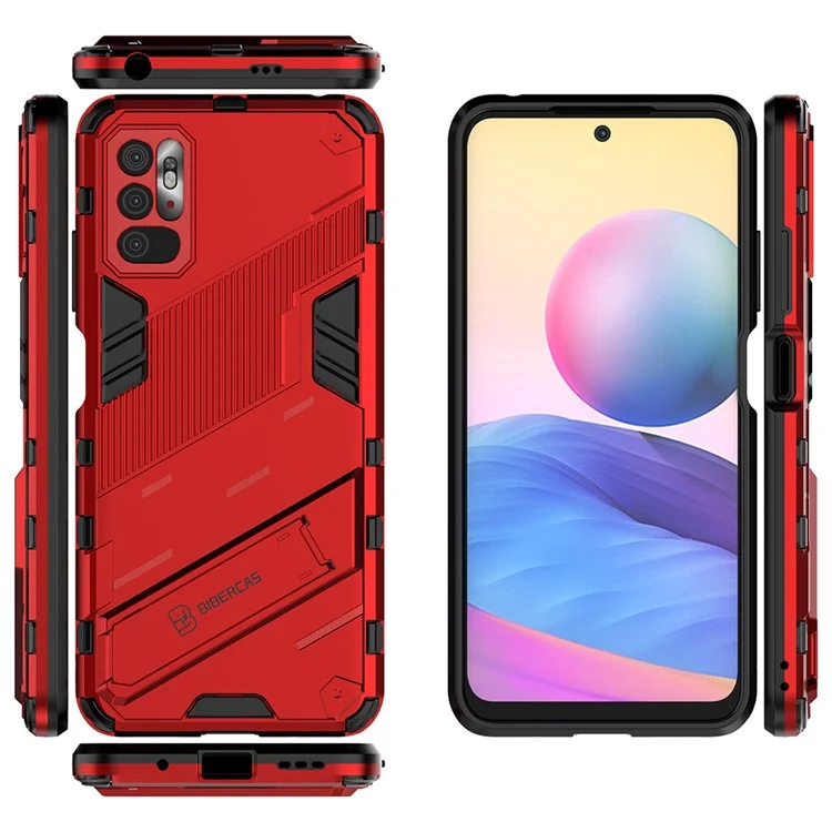 Kickstand Design Anti-Drop PC + TPU Hybrid Phone Case Cover for Xiaomi Redmi Note 10 5G/Poco M3 Pro 5G/4G - Red