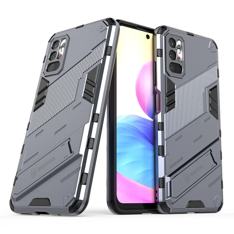 Kickstand Design Anti-Drop PC + TPU Hybrid Phone Case Cover for Xiaomi Redmi Note 10 5G / Poco M3 Pro 5G / 4G - Grey