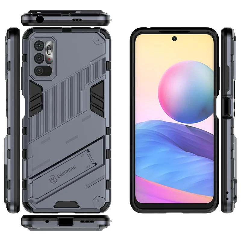 Kickstand Design Anti-Drop PC + TPU Hybrid Phone Case Cover for Xiaomi Redmi Note 10 5G / Poco M3 Pro 5G / 4G - Grey