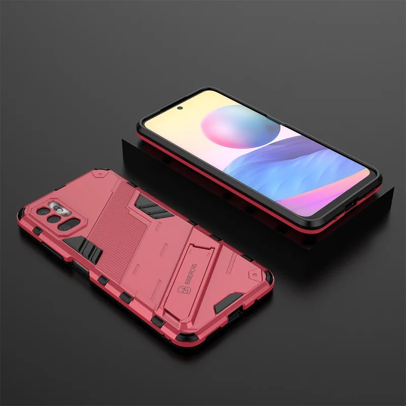 Kickstand Design Anti-Drop PC + TPU Hybrid Phone Case Cover for Xiaomi Redmi Note 10 5G/Poco M3 Pro 5G/4G - Rose