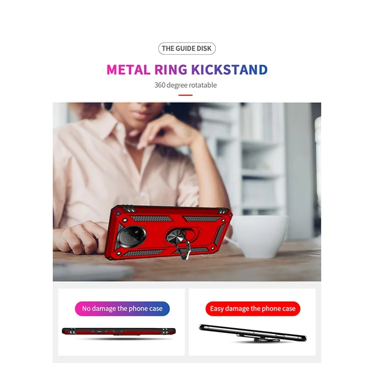 Caso de Telefone PC + TPU Híbrido Conche de Anel Anti-queda do Dedo Kickstand Para Xiaomi Redmi Nota 9 5G / Redmi Nota 9t 5g - Vermelho