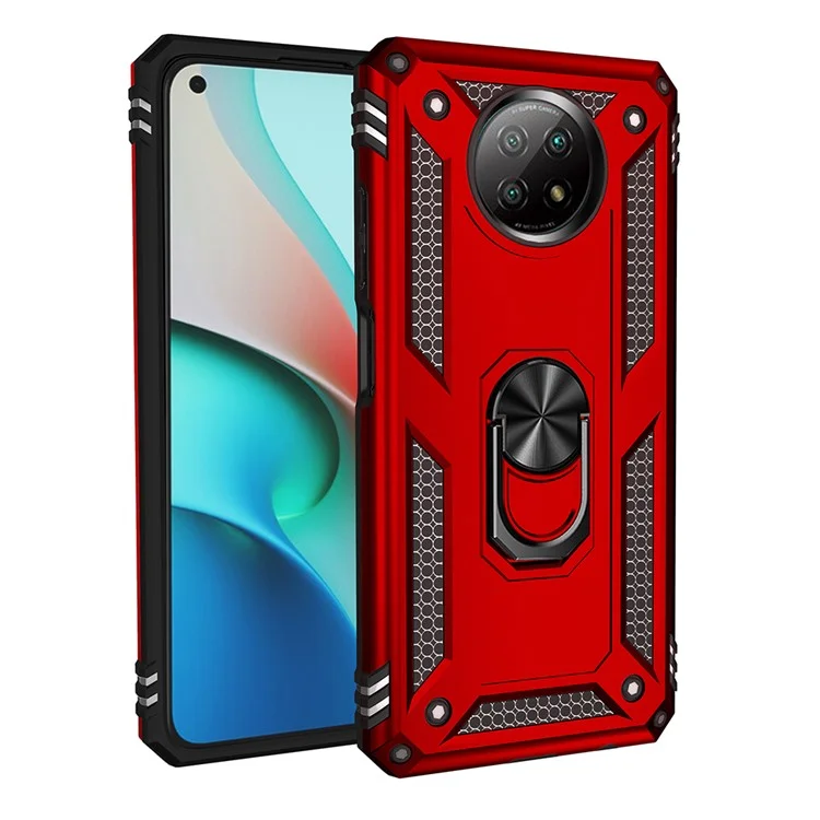 Caso de Telefone PC + TPU Híbrido Conche de Anel Anti-queda do Dedo Kickstand Para Xiaomi Redmi Nota 9 5G / Redmi Nota 9t 5g - Vermelho