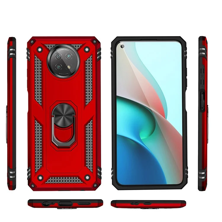 Caso de Telefone PC + TPU Híbrido Conche de Anel Anti-queda do Dedo Kickstand Para Xiaomi Redmi Nota 9 5G / Redmi Nota 9t 5g - Vermelho