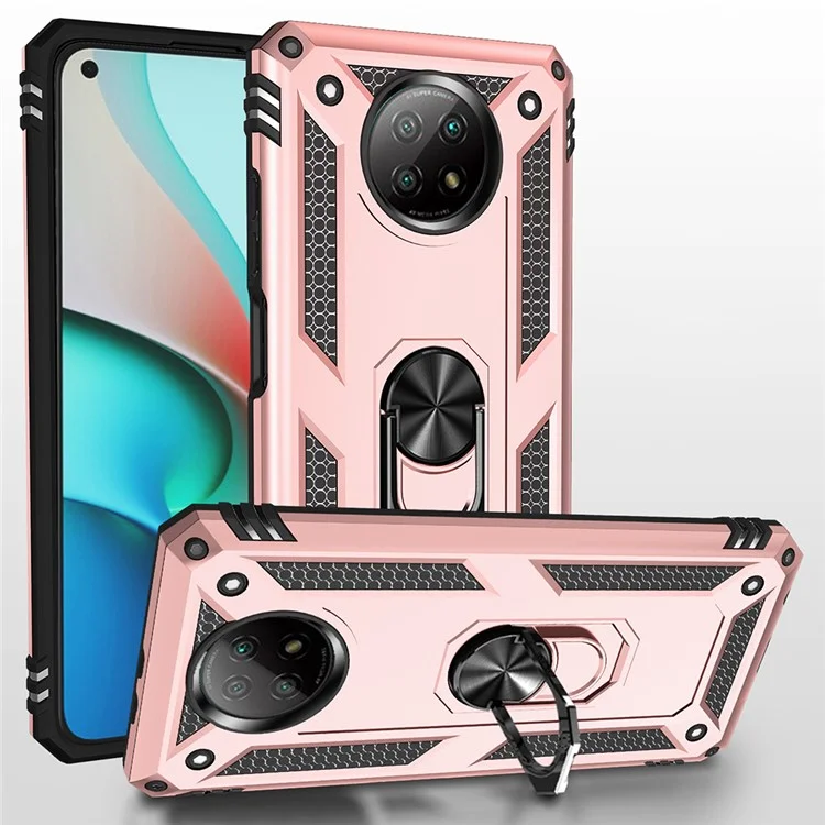 Hybrid PC + TPU Phone Case Shell Anti-Fall Finger Ring Kickstand for Xiaomi Redmi Note 9 5G / Redmi Note 9T 5G - Rose Gold