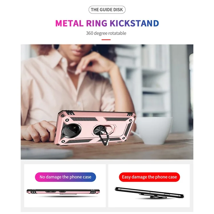 Hybrid PC + TPU Téléphone Shell Shell Anti-Fall Ring Ring Kickstand Pour Xiaomi Redmi Note 9 5G / Redmi Note 9T 5G - or Rose