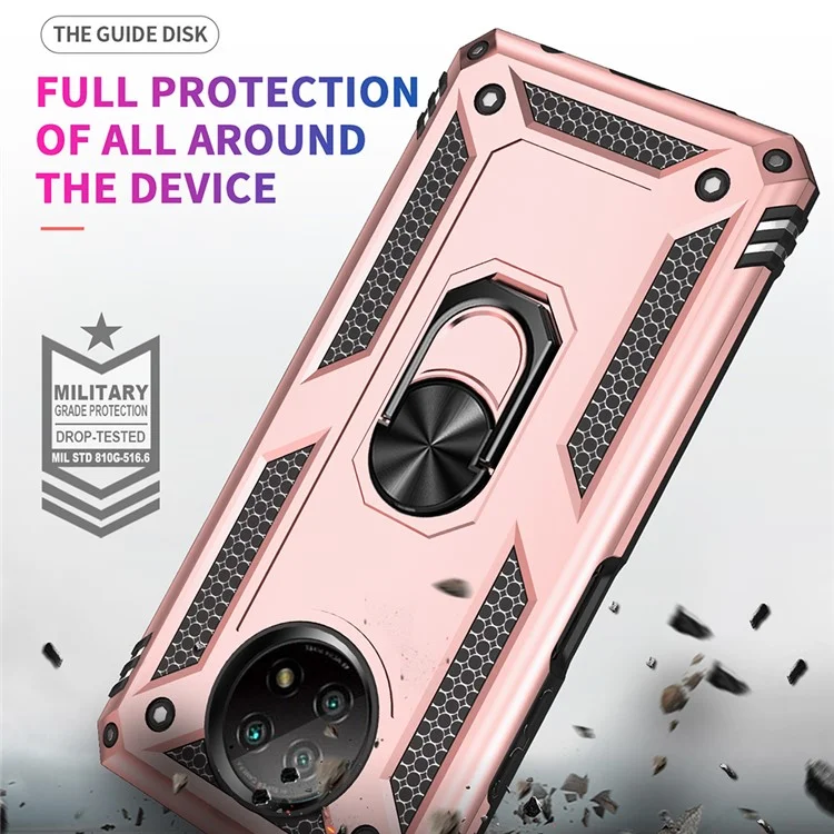 Hybrid PC + TPU Téléphone Shell Shell Anti-Fall Ring Ring Kickstand Pour Xiaomi Redmi Note 9 5G / Redmi Note 9T 5G - or Rose