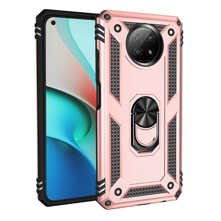 Hybrid PC + TPU Phone Case Shell Anti-Fall Finger Ring Kickstand for Xiaomi Redmi Note 9 5G / Redmi Note 9T 5G - Rose Gold