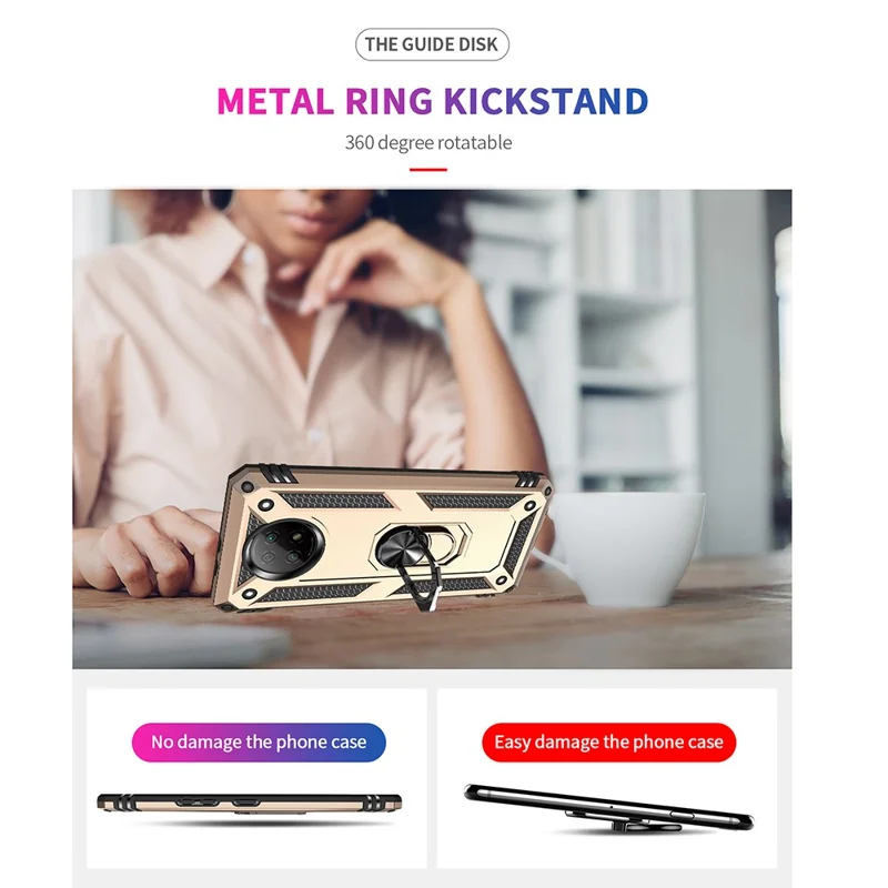 Hybrid PC + TPU Phone Case Shell Anti-Fall Finger Ring Kickstand for Xiaomi Redmi Note 9 5G / Redmi Note 9T 5G - Gold