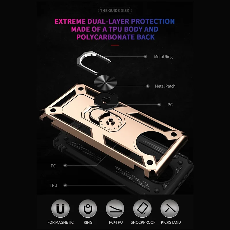 Hybrid PC + TPU Phone Case Shell Anti-Fall Finger Ring Kickstand for Xiaomi Redmi Note 9 5G / Redmi Note 9T 5G - Gold