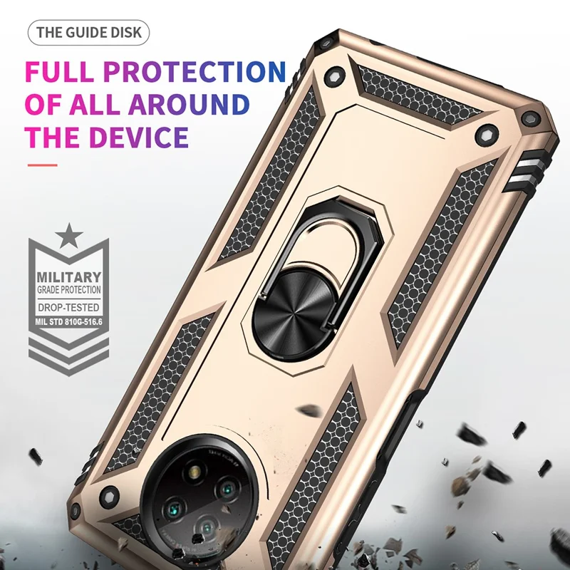 Hybrid PC + TPU Phone Case Shell Anti-Fall Finger Ring Kickstand for Xiaomi Redmi Note 9 5G / Redmi Note 9T 5G - Gold