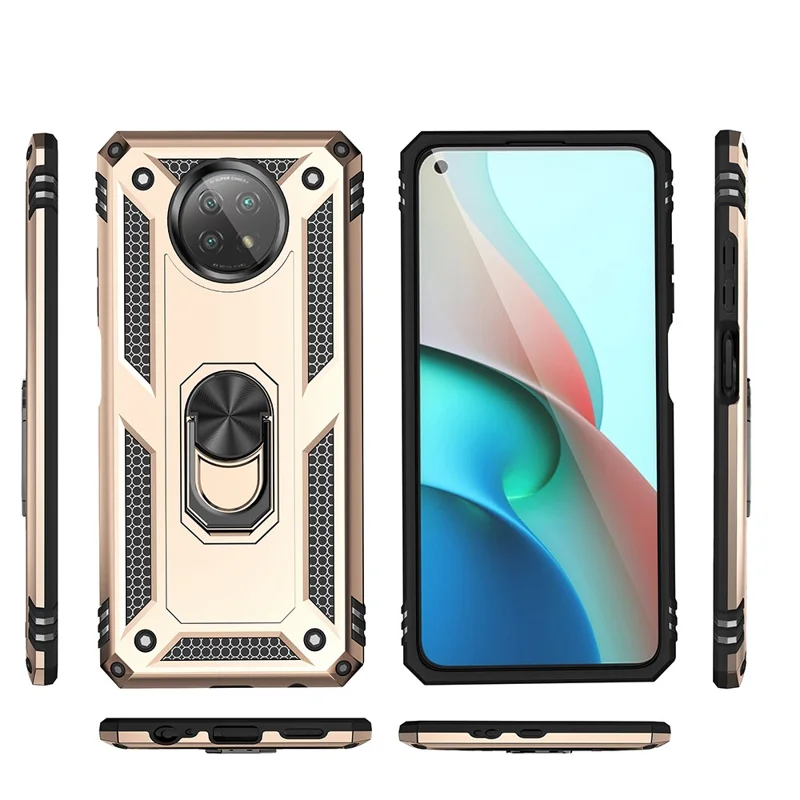 Hybrid PC + TPU Phone Case Shell Anti-Fall Finger Ring Kickstand for Xiaomi Redmi Note 9 5G / Redmi Note 9T 5G - Gold