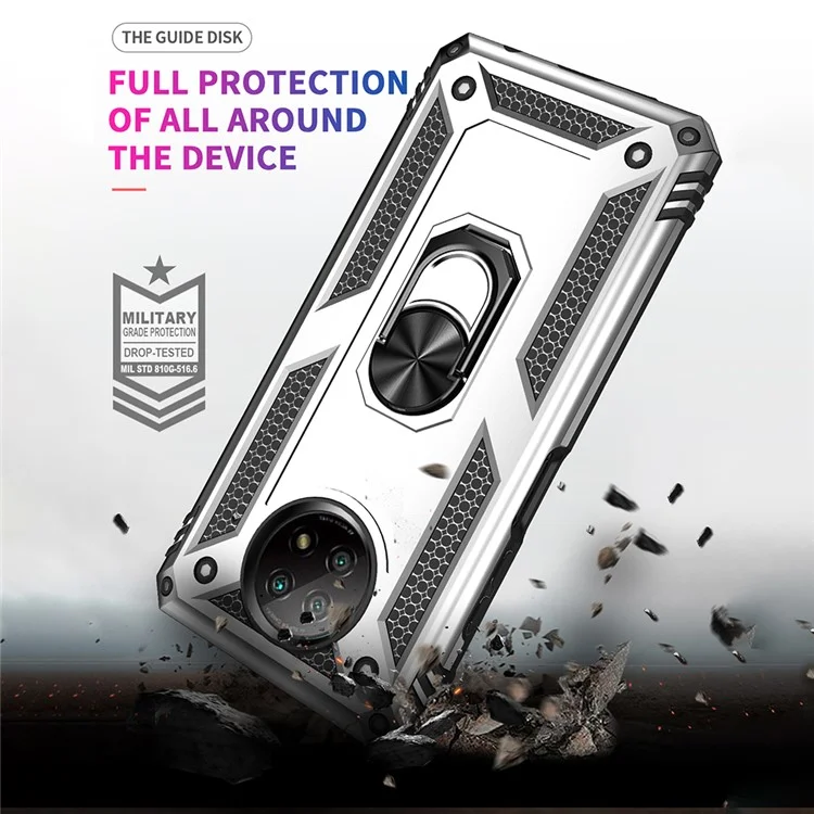 Caso de Telefone PC + TPU Híbrido Conche de Anel Anti-queda do Dedo Kickstand Para Xiaomi Redmi Nota 9 5G / Redmi Nota 9t 5g - Prata