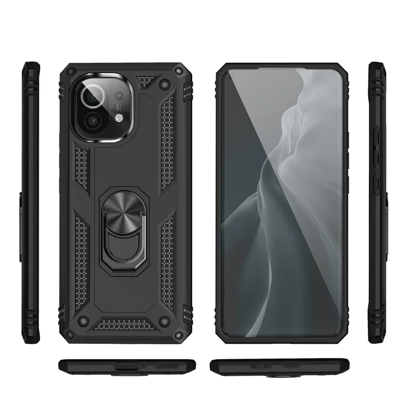 PC híbrido + Funda de teléfono de TPU Carcasa anti-caídas con anillo para el dedo y soporte para Xiaomi Mi 11 - Negro