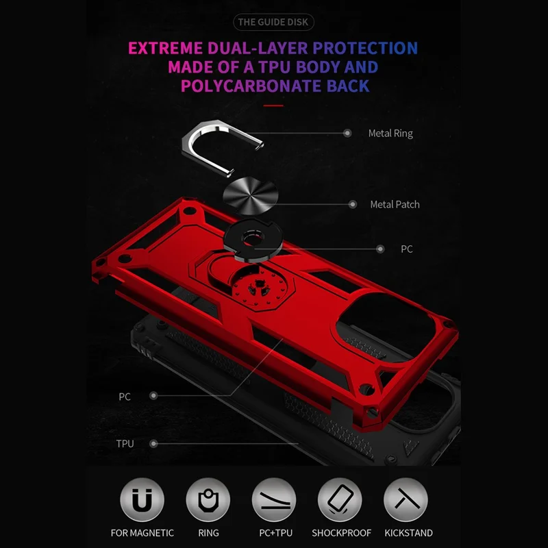 Hybrid PC + TPU Phone Case Shell Anti-Fall Finger Ring Kickstand for Xiaomi Mi 11 - Red