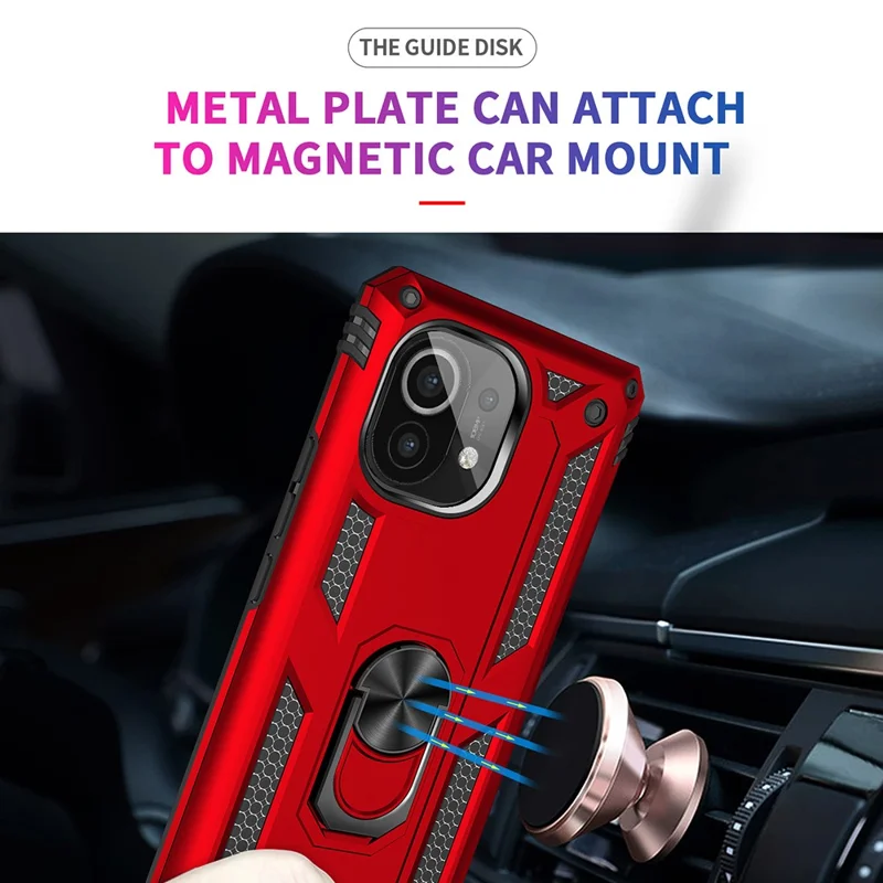 Hybrid PC + TPU Phone Case Shell Anti-Fall Finger Ring Kickstand for Xiaomi Mi 11 - Red