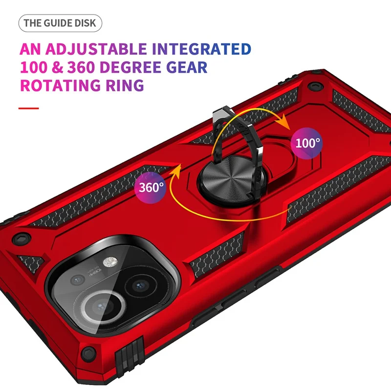Hybrid PC + TPU Phone Case Shell Anti-Fall Finger Ring Kickstand for Xiaomi Mi 11 - Red