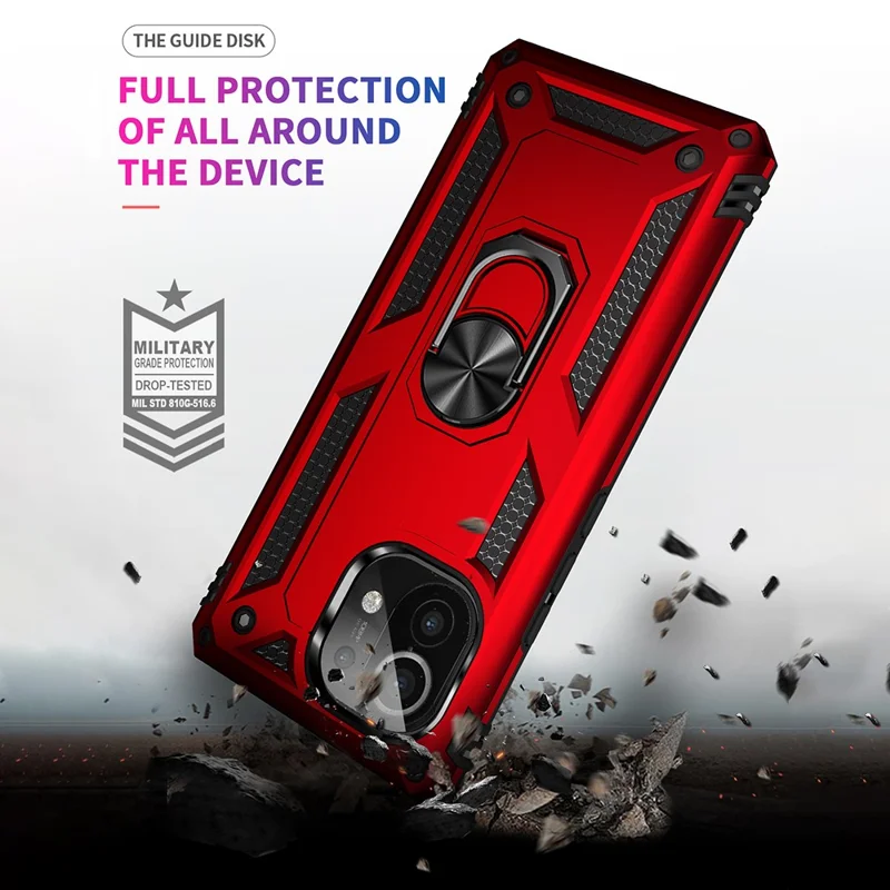 Hybrid PC + TPU Phone Case Shell Anti-Fall Finger Ring Kickstand for Xiaomi Mi 11 - Red