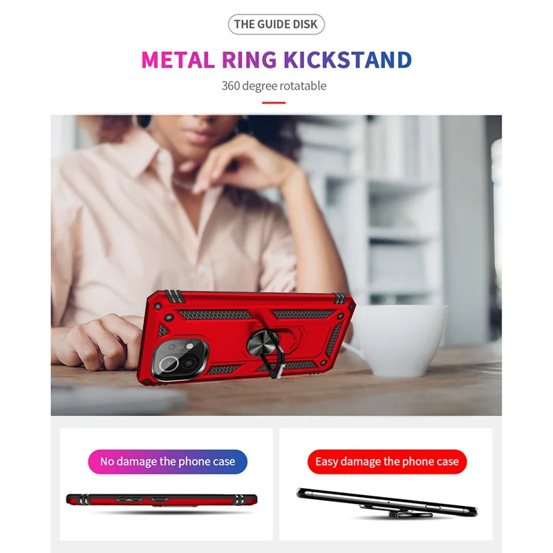 Hybrid PC + TPU Phone Case Shell Anti-Fall Finger Ring Kickstand for Xiaomi Mi 11 - Red