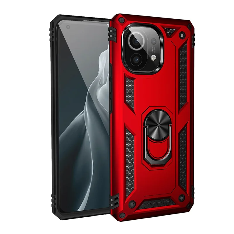 Hybrid PC + TPU Phone Case Shell Anti-Fall Finger Ring Kickstand for Xiaomi Mi 11 - Red